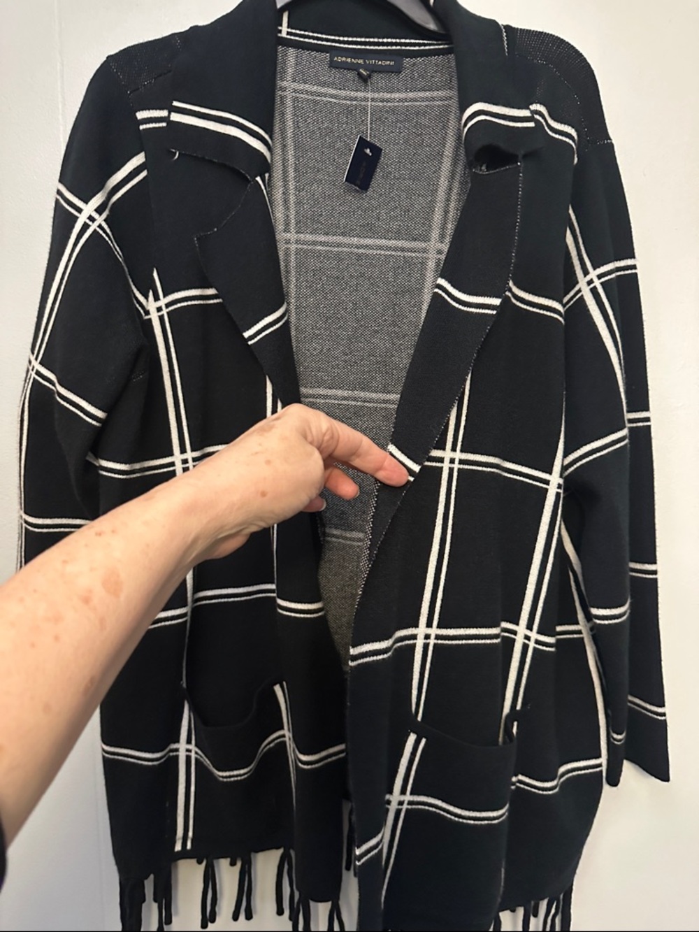 Adrienne Vittadini Black & White Windowpane Open-Front Fringe Cardigan Jacket